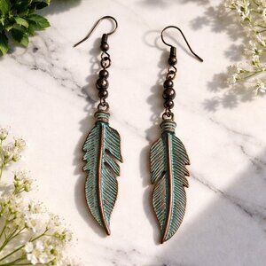 Southwest Turquoise Green and Brass Feather Earrings‎ - New